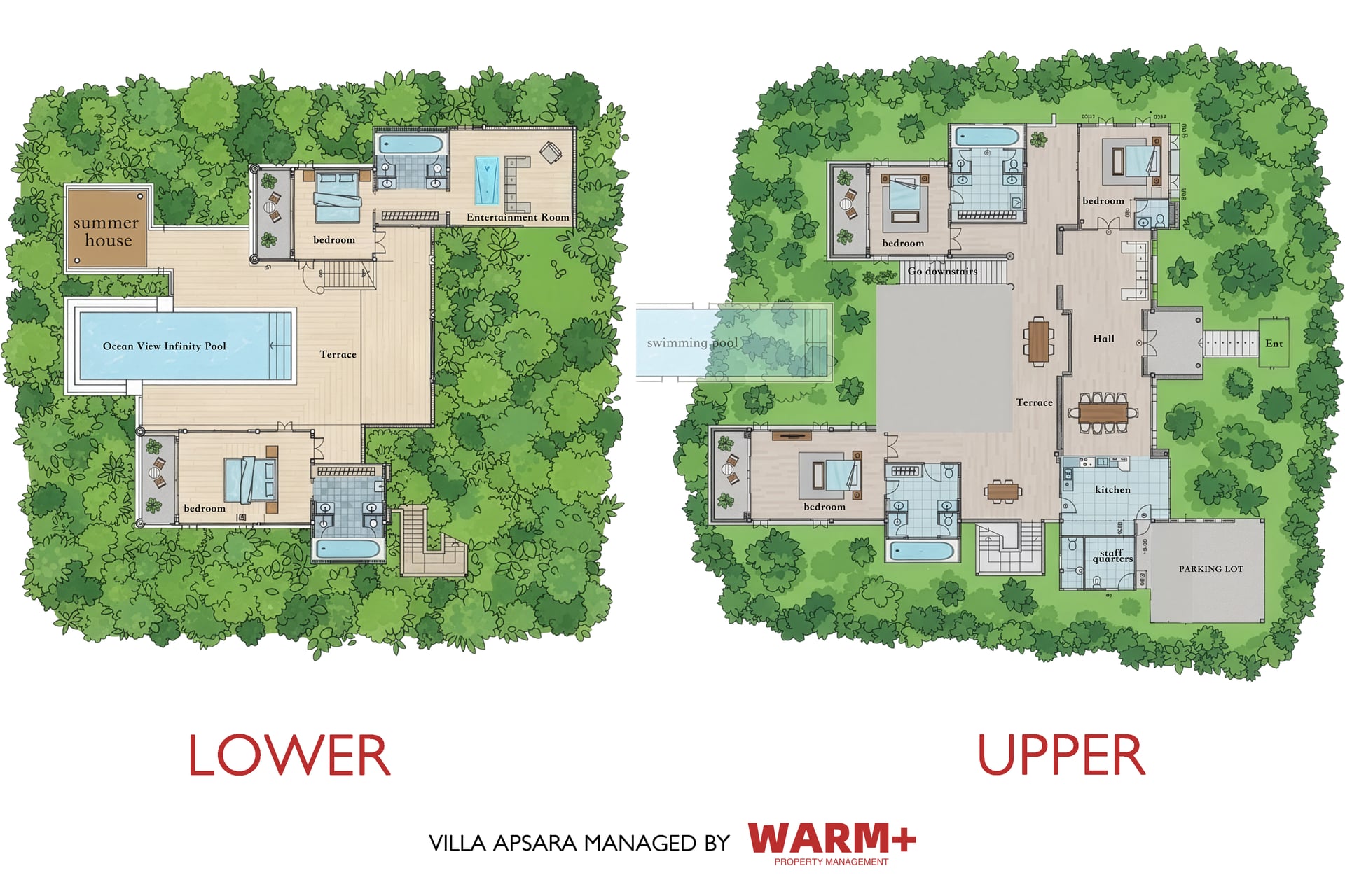Villa Apsara lower and upper floor plans showing five bedrooms, infinity pool, entertainment room, kitchen and terraces