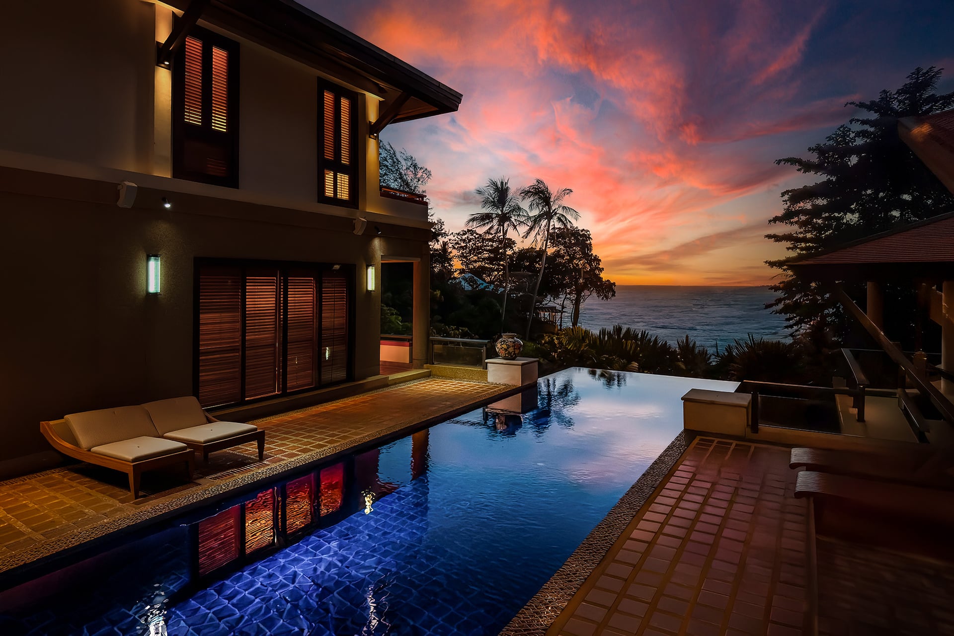Sunset over Villa Apsara pool